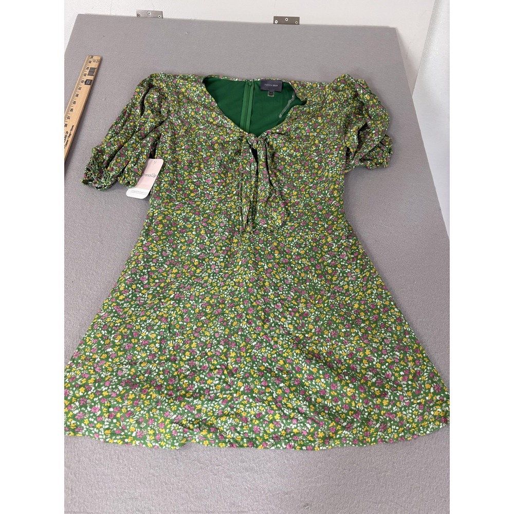 Hudson Dress Womens XL Linen Blend Green Floral Puff Sleeve Mini NWT DressUp
